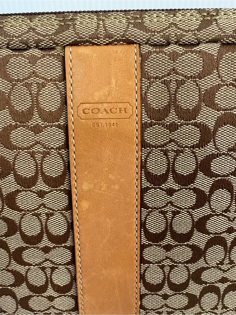 Coach Brown Signature Canvas Laptop Sleeve with Tan Stripe